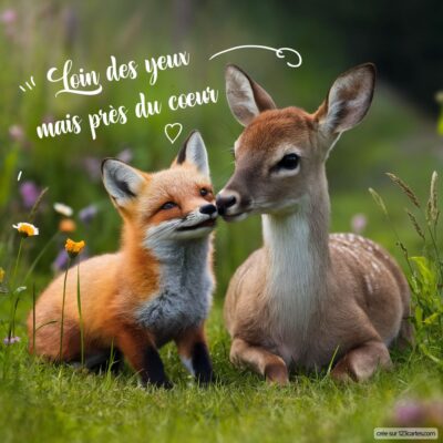 Un renard et un faon se rapprochent dans un champ fleuri, illustrant l'amitié à distance avec le message Loin des yeux, mais près du cœur.