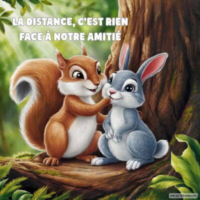 Deux animaux mignons, un écureuil et un lapin, sourient ensemble sur un tronc d'arbre, avec un fond verdoyant.