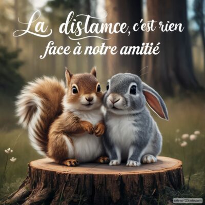 Image d'un écureuil et d'un lapin, souriants ensemble sur une souche, avec le texte La distance, c'est rien face à notre amitié.