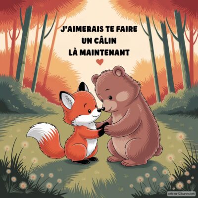 Texte ALT : Illustration d'un renard et d'un ours se faisant un câlin dans une forêt colorée, avec le texte J'aimerais te faire un câlin là maintenant.