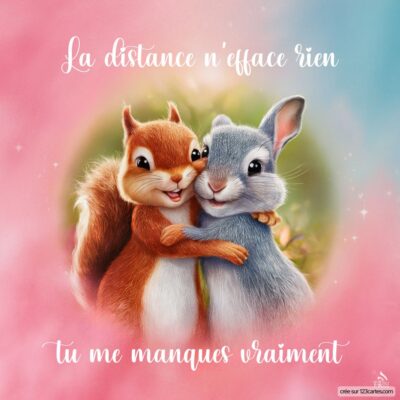 Image montrant un écureuil et un lapin souriants s'enlaçant, avec le texte La distance n'efface rien, tu me manques vraiment en arrière-plan.
