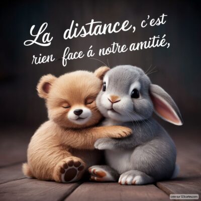 Un ours en peluche et un lapin se serrent dans les bras, avec un message sur l'amitié malgré la distance.