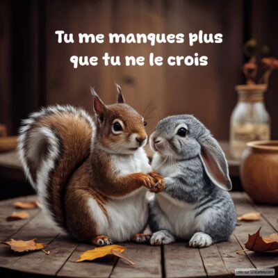 Deux animaux mignons, un écureuil et un lapin, se tenant par les pattes sur une table en bois, avec un message doux sur l'amitié.