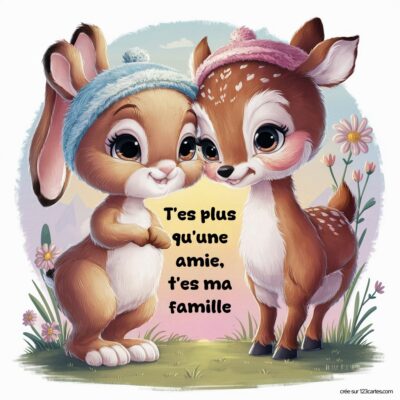 Deux adorables animaux, un lapin et un faon, se tiennent côte à côte, avec le message « T'es plus qu'une amie, t'es ma famille » au centre.