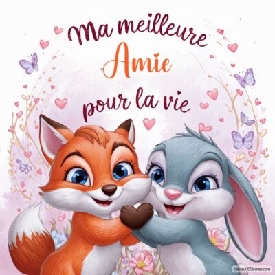 Illustration de deux animaux mignons, un renard et un lapin, souriant et se tenant la patte, avec le texte Ma meilleure amie pour la vie.