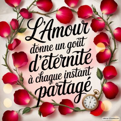 Carte virtuelle avec une citation courte sur l'amour, entourée de pétales de rose et d'une montre, exprimant la beauté des instants partagés.