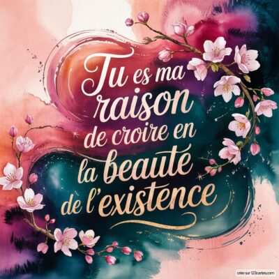 Citation sur fond doux avec des fleurs : Tu es ma raison de croire en la beauté de l'existence.