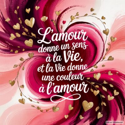 Spirale décorative avec des cœurs dorés et une citation sur la relation entre la vie et l'amour.