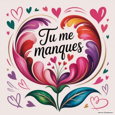 Carte virtuelle en forme de fleur avec le texte Tu me manques au centre, entourée de cœurs de différentes tailles.