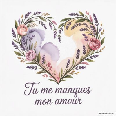 Un cœur formé de fleurs et de feuillage, avec le texte Tu me manques mon amour en dessous. Évoque tendresse et nostalgie.