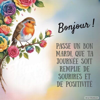 Un oiseau mignon perché sur une branche, entouré de fleurs délicates, évoque la joie et la douceur d'un mardi paisible.