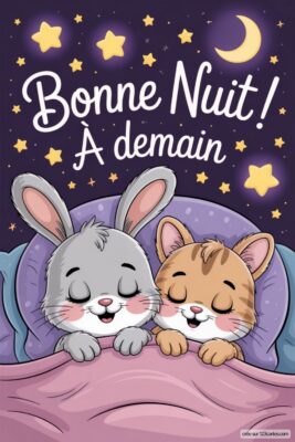 Deux animaux, un lapin et un chat, dorment sous une couverture avec des étoiles et la lune.