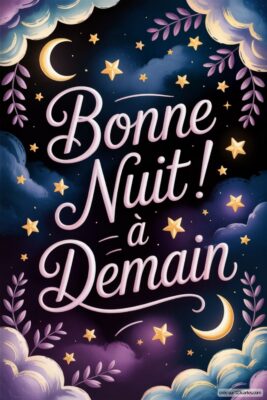 Texte décoratif sur fond étoilé avec des nuages, souhaitant une bonne nuit.