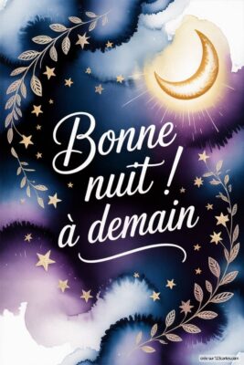 Texte calligraphié sur fond d'aquarelle bleu nuit avec une lune et des étoiles.