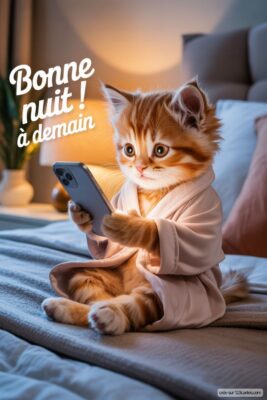 Un chat orange en peignoir utilise un téléphone sur un lit, avec du texte souhaitant bonne nuit.