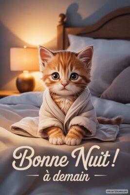 Un chaton roux en robe de chambre sur un lit, avec une lampe allumée à côté.