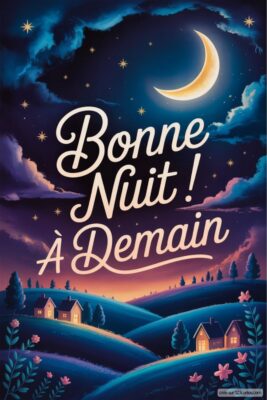 Ciel étoilé avec une lune brillante et un message Bonne Nuit ! À Demain sur fond coloré.