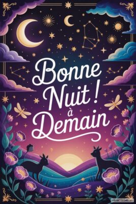Ciel étoilé avec lune, constellations, fleurs et animaux, texte Bonne Nuit ! à Demain.