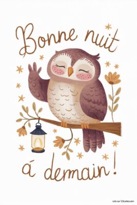 Chouette souriante perchée sur une branche avec des fleurs et une lanterne, texte amical.