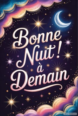 Texte coloré Bonne nuit ! à demain sur fond étoilé et nuageux.