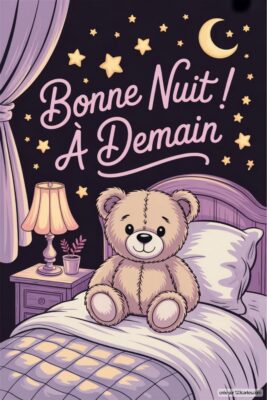 Un ours en peluche souriant est assis sur un lit, entouré d'étoiles et d'une lune.