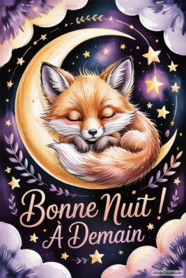 Un renard endormi sur un croissant de lune avec des étoiles et un fond violet.