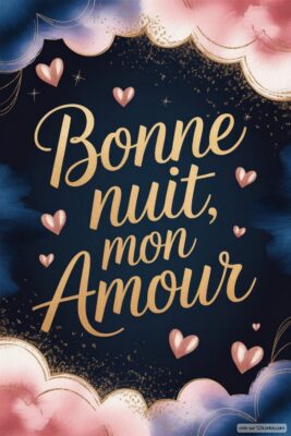 Texte en calligraphie dorée sur fond sombre, avec des cœurs roses et bleus.