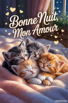 Quatre chatons endormis sur un lit, entourés de cœurs et d’un message doux.