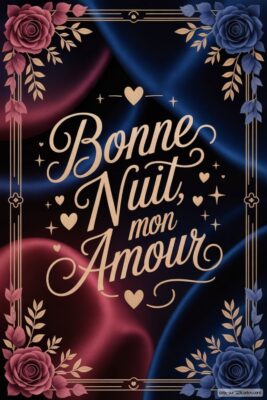 Texte décoratif avec roses, souhaitant une bonne nuit à l'amour.