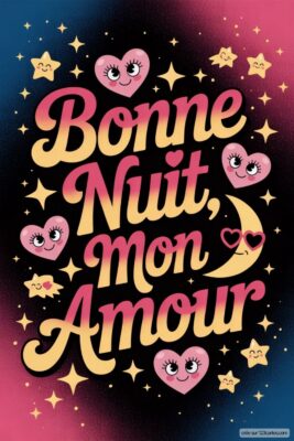Inscription Bonne Nuit, mon Amour avec cœurs, étoiles et lune souriante.