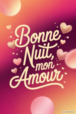 Texte Bonne Nuit, mon Amour sur fond dégradé rose et cœurs.