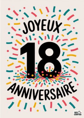 Carte anniversaire 18 ans festive JOYEUX ANNIVERSAIRE avec confettis colorés, serpentins multicolores sur fond clair - modèle gratuit à imprimer