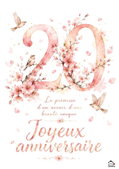 Les chiffres 2 et 0 sont réalisés en style aquarelle, ornés de fleurs de cerisier roses et de plusieurs petits oiseaux. Le texte « La promesse d’un avenir d’une beauté unique Joyeux anniversaire » apparaît en bas.