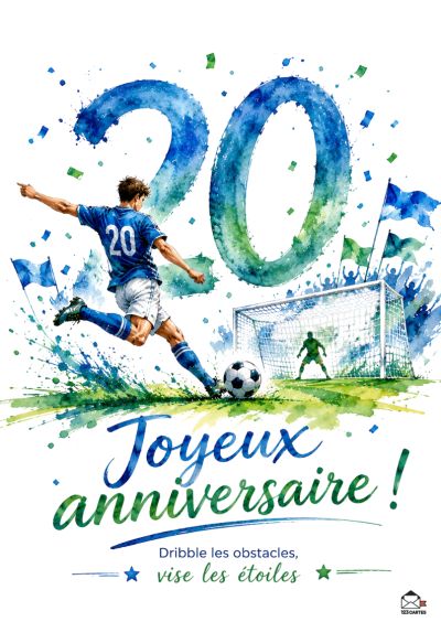 Célébration aquarellee d'un 20 jubilatoire avec un footballeur frappant un ballon vers un gardien de but et un slogan « Joyeux anniversaire ! ».