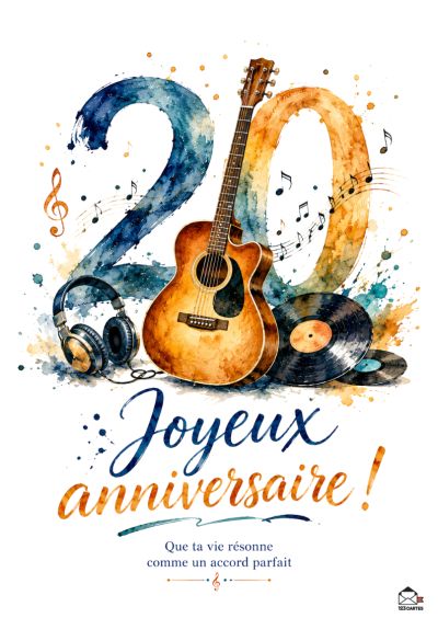 Carte avec des chiffres 20 bleus et oranges peints à l'aquarelle, une guitare acoustique, des vinyles, des notes de musique, et le message « Joyeux anniversaire! »