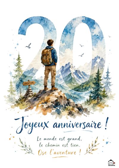 Figure d'un jeune homme sac à dos sur une montagne, devant le nombre 20 formé de paysages. Peinture aquarelle.