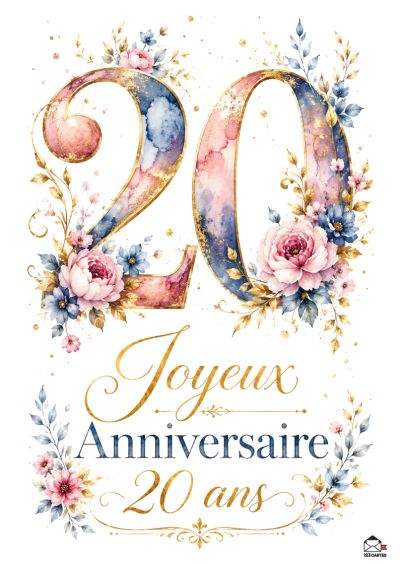 Le nombre 20 dans un style aquarelle rose, bleu et or, orné de fleurs roses, bleues et de feuillages, avec la mention « Joyeux Anniversaire 20 ans » dorée.