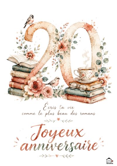 Chiffre 20 orné de fleurs et de feuillages, entouré de livres, d'une tasse de thé et d'oiseaux. Phrase « Écris ta vie comme le plus beau des romans ».