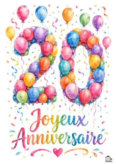 Pinceau aquarelle 20 formé de ballons colorés, entouré de confettis et de rubans. Le cardinal « Joyeux Anniversaire » est écrit en arc-en-ciel.