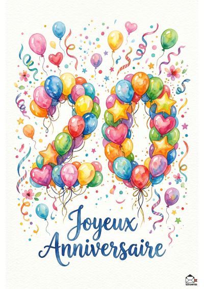 Un 20 formé de ballons colorés, cœurs, étoiles et confettis, avec la mention « Joyeux Anniversaire » peinte en bleu.