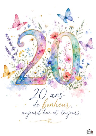 Grande composition florale en dégradé arc-en-ciel autour du chiffre 20, avec des papillons colorés et un message calligraphié.