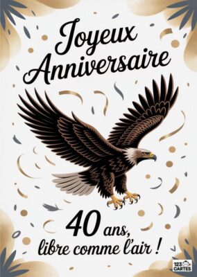 Image d'une carte d'anniversaire avec un aigle en vol, le texte Joyeux Anniversaire 40 ans, libre comme l'air !