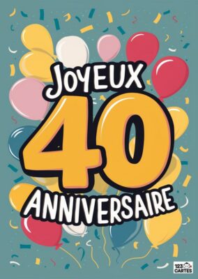 Carte d'anniversaire avec le texte Joyeux 40 Anniversaire et des ballons sur fond bleu.
