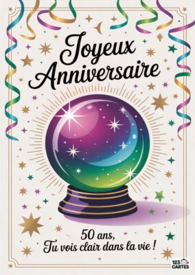 Image d'une carte d'anniversaire avec une boule de cristal colorée, des étoiles et des confettis. Texte : Joyeux Anniversaire 50 ans.