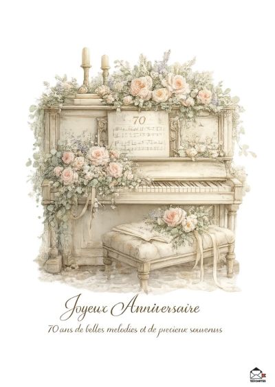 Un piano vieillot orné de roses, de verdure et departitions musicales avec un tabouret assorti devant., « Joyeux Anniversaire 70 ans de belles mélodies et de précieux souvenirs »