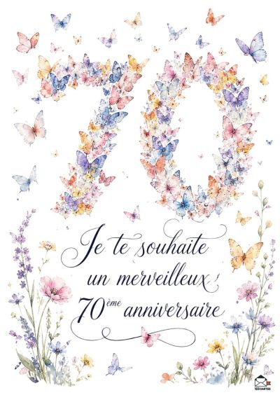 Le chiffre 70 formé de papillons colorés aux teintes pastel. Sur un fond blanc, une composition florale décore le bas, avec le message « Je te souhaite un merveilleux 70e anniversaire ».