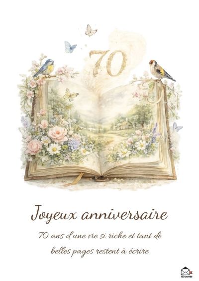Ouvert, un livre aquarelle pastel dévoile un paysage pastoral et des fleurs roses. Chiffre 70 doré, oiseaux et papillons ornent la scène.
