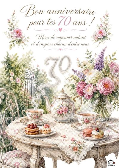 Composition dans un jardin avec une table dressée pour le thé, des roses et numéral 70 en volutes.