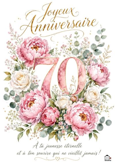 Ornement fleuri rose et blanc entourant le grand nombre rose marbré 70, couronné par l'inscription dorée «Joyeux Anniversaire».