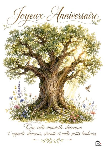 Un grand chêne orné du chiffre 70 dans son tronc, entouré de fleurs sauvages et d'oiseaux, sous un soleil rayonnant.